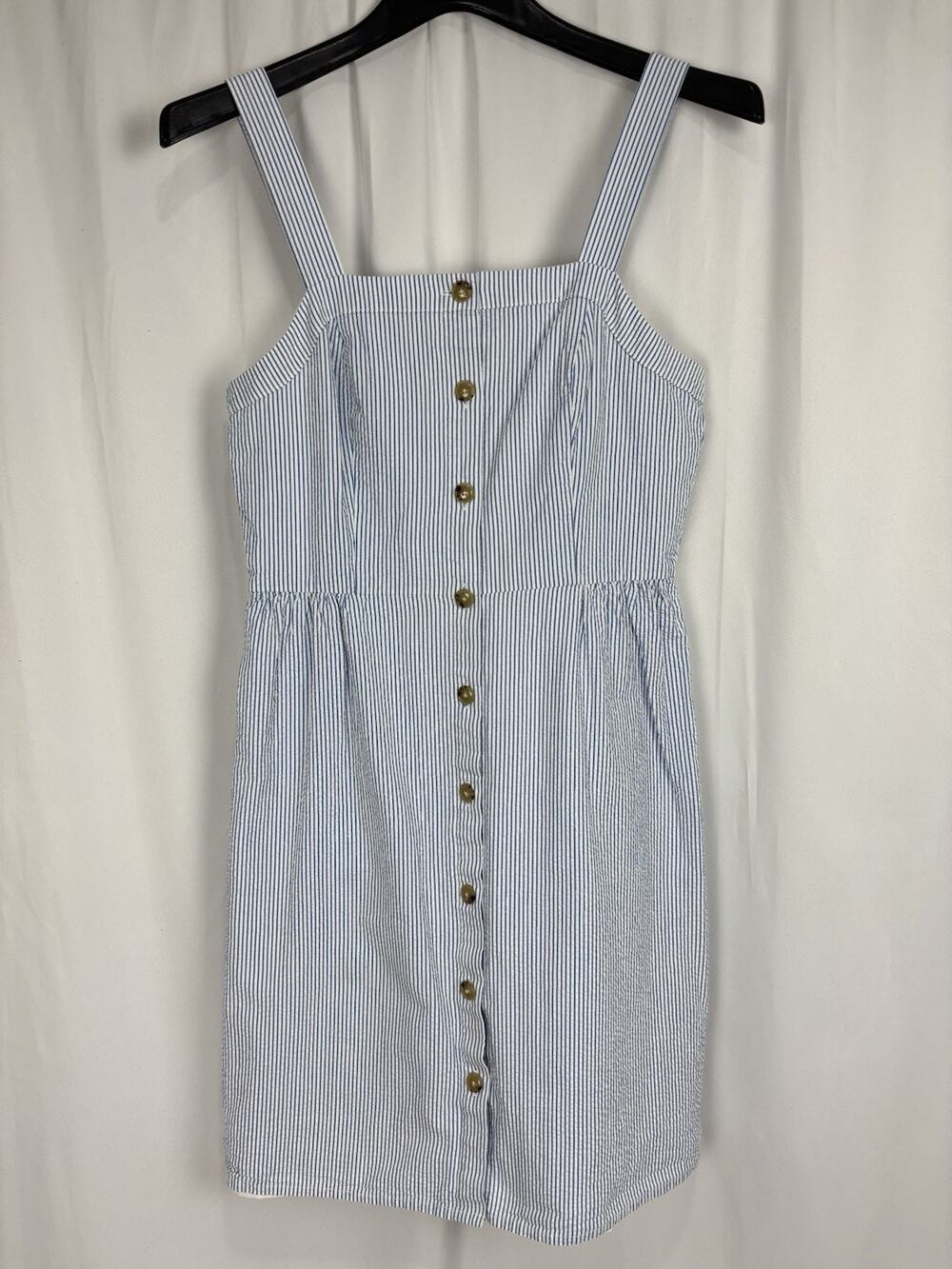 J.Crew Factory Blue White Stripe Seersucker Button Front Sun Dress Lined Size 2